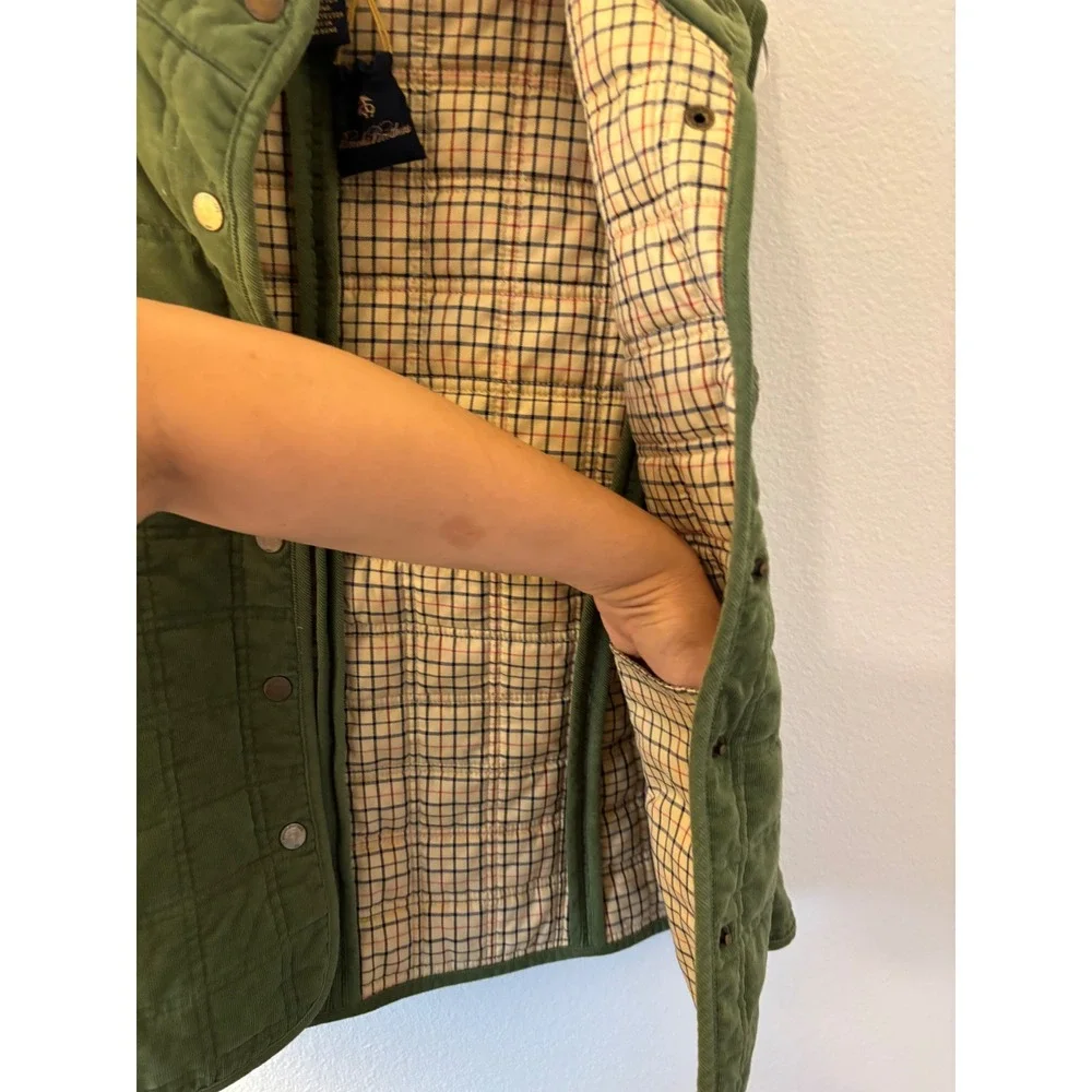 Brooks Brothers Womens Quilted Corduroy Vest Olive Green Plaid Lined Small